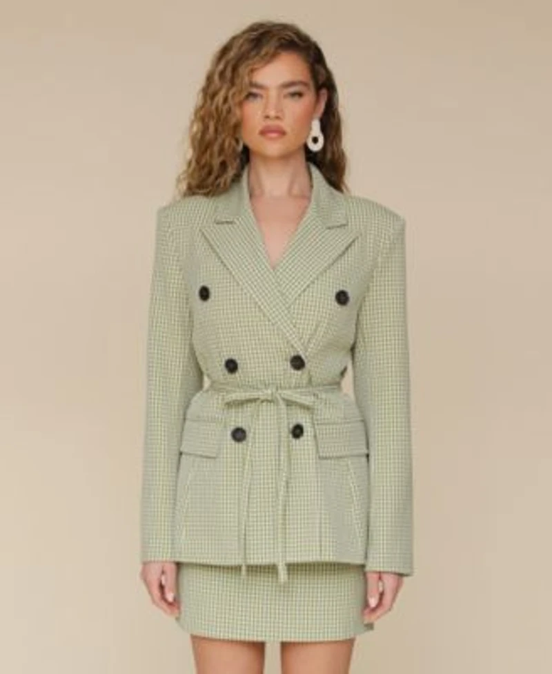 Avec Les Filles Womens Double Breasted Belted Gingham Blazer Bow Trim Sweetheart Neck Gingham Top Bow Trim Gingham Mini Skirt