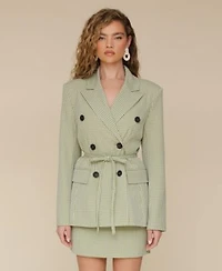 Avec Les Filles Womens Double Breasted Belted Gingham Blazer Bow Trim Sweetheart Neck Gingham Top Bow Trim Gingham Mini Skirt