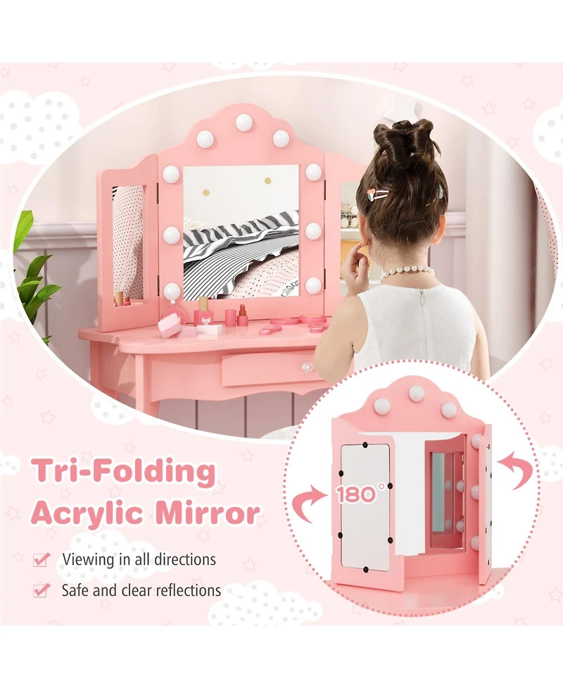 Kid Vanity Table Stool Set with Tri-Folding Mirror and 3-Color Led Lights