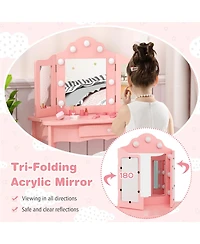 Kid Vanity Table Stool Set with Tri-Folding Mirror and 3-Color Led Lights