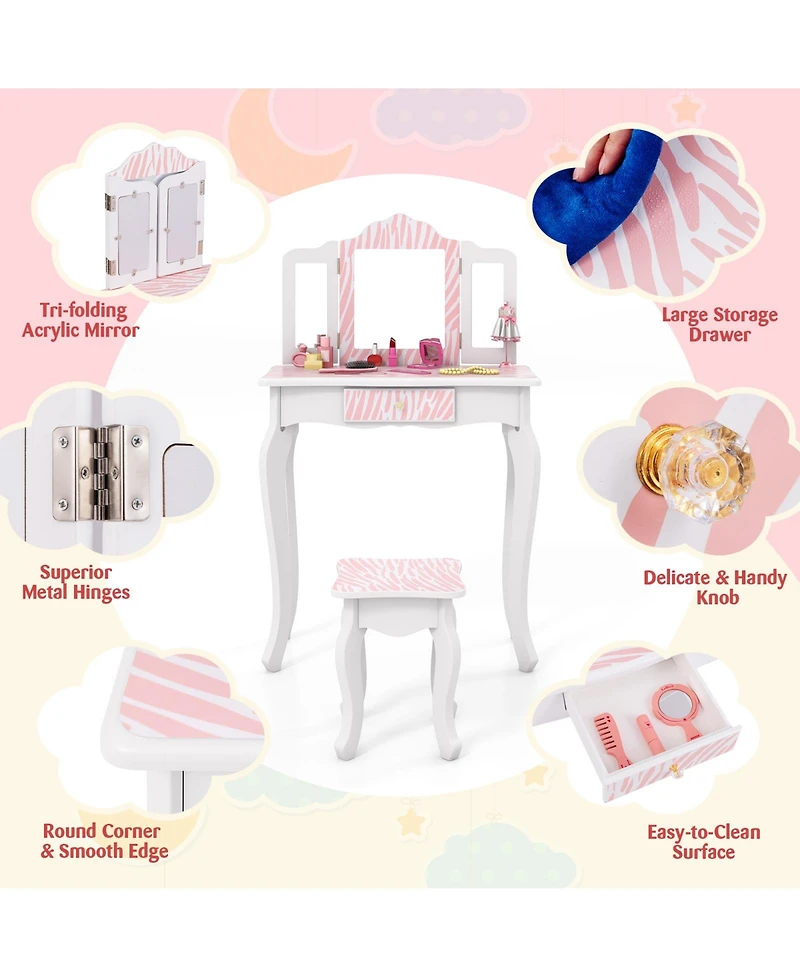 Kids Vanity Set with Drawer and 3 Makeup Accessories