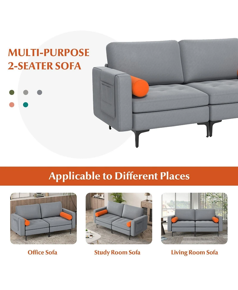 Modern Loveseat Sofa with 2 Bolsters and Side Storage Pocket