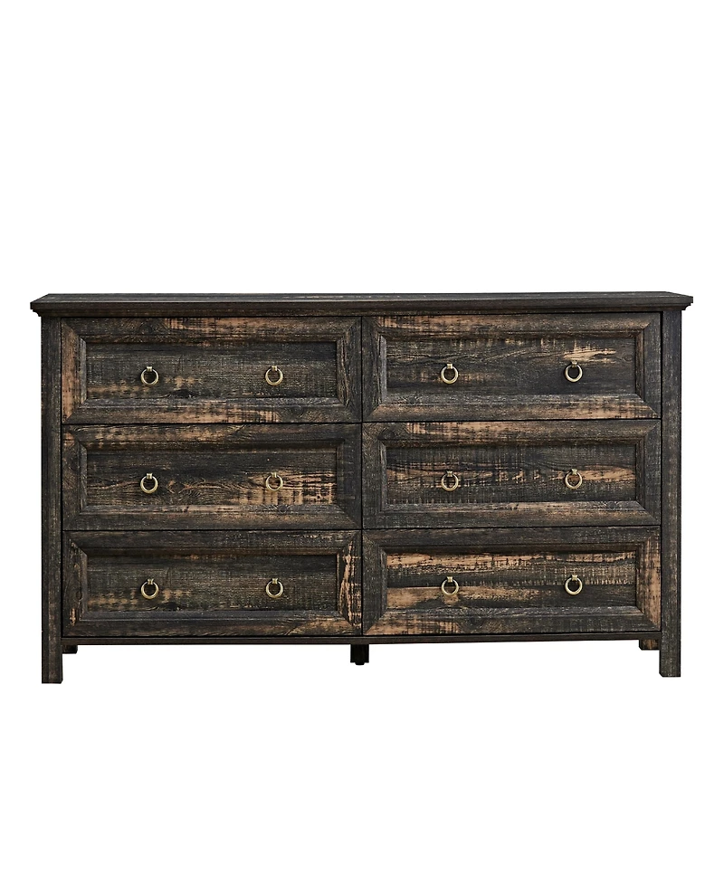 Farmhouse 6 Drawers Dresser for Bedroom, Wood Rustic Wide Chest of Drawers, Storage Dressers Organizer for Bedroom, Living Room, Hallway,Dark Rustic O