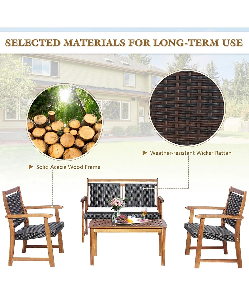 Gymax 4 Piece Outdoor Acacia Wood Furniture Set Patio Rattan Conversation Set w/ Table