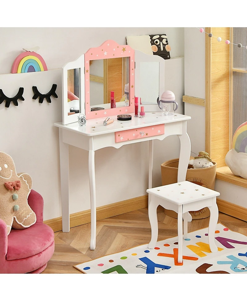 Kids Princess Vanity Table and Stool Set with Tri-folding Mirror and Drawer
