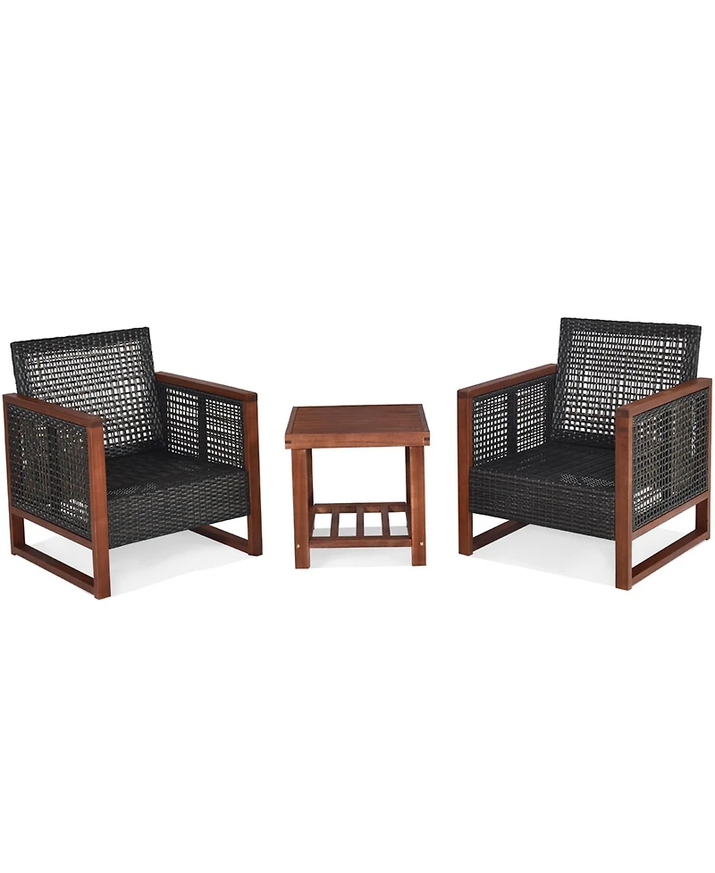 Gymax 3 Piece Outdoor Furniture Set Rattan Wicker Patio Conversation Set w/ Cushion