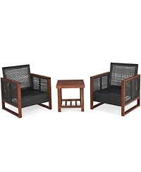 Gymax 3 Piece Outdoor Furniture Set Rattan Wicker Patio Conversation Set w/ Cushion