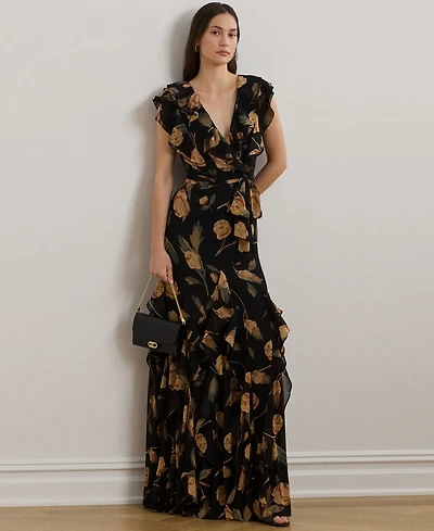 Lauren Ralph Women's Floral Ruffle-Trim Georgette Gown