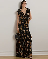 Lauren Ralph Women's Floral Ruffle-Trim Georgette Gown