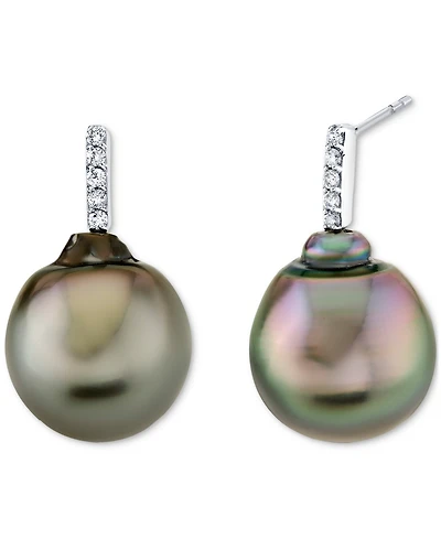 Baroque Cultured Tahitian Pearl (12 mm) & Diamond Accent Drop Earrings in 14k White Gold