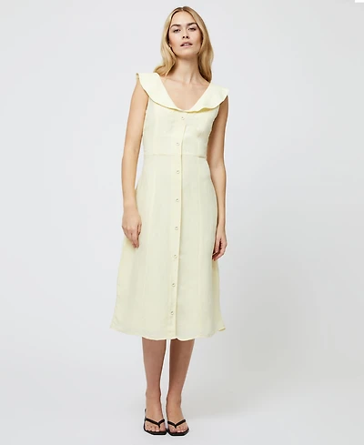 French Connection Women's Birdie Butter Yellow Linen Collared Midi Dress