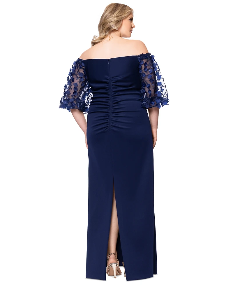 Xscape Plus 3D Floral-Sleeve Off-The-Shoulder Dress