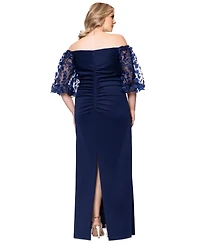 Xscape Plus 3D Floral-Sleeve Off-The-Shoulder Dress