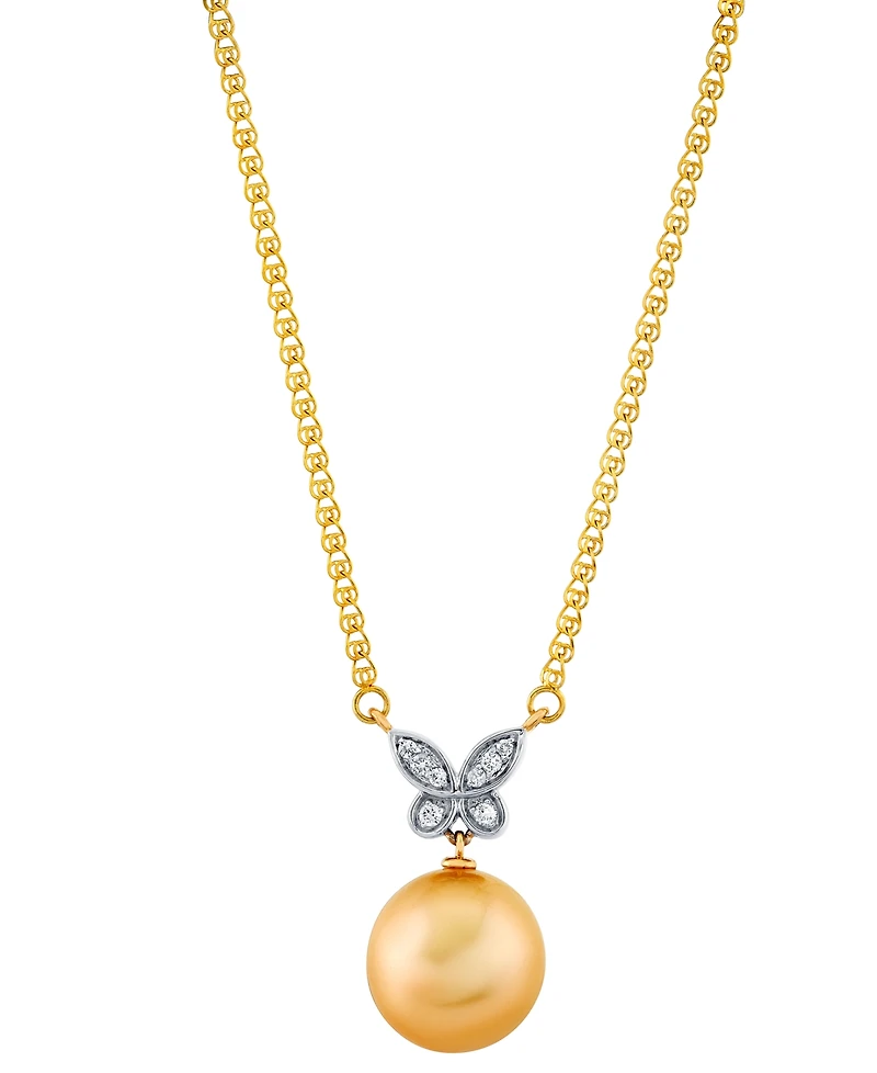 Baroque Cultured Golden South Sea Pearl (11mm) & Diamond Accent Butterfly 16" Pendant Necklace in 14k Yellow Gold