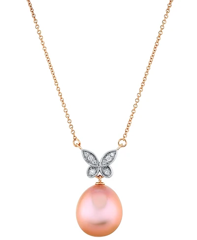 Pink Baroque Cultured Freshwater Pearl (11mm) & Diamond Accent Butterfly 18" Pendant Necklace In 14k Rose Gold