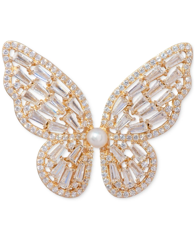 Cultured Freshwater Pearl (3mm) & Cubic Zirconia Butterfly Brooch in 18k Gold-Plated Sterling Silver