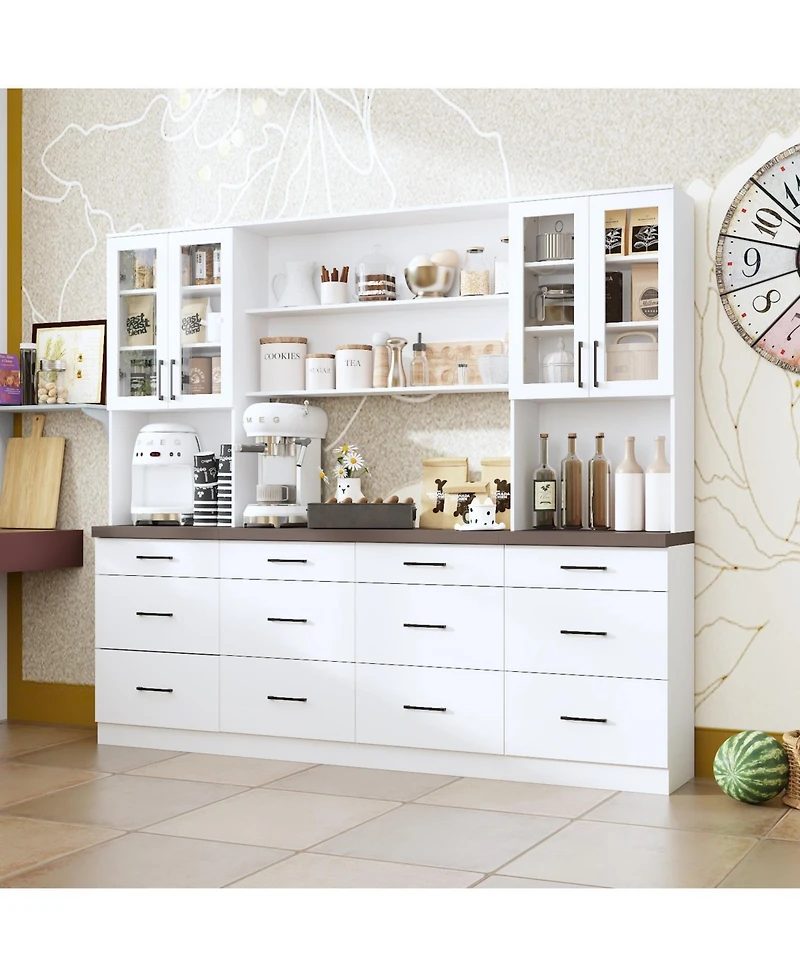 Famapy Grey Kitchen Cabinet with Glass Doors with 12 Drawers, Pantry Storage Cabinet with Shelves