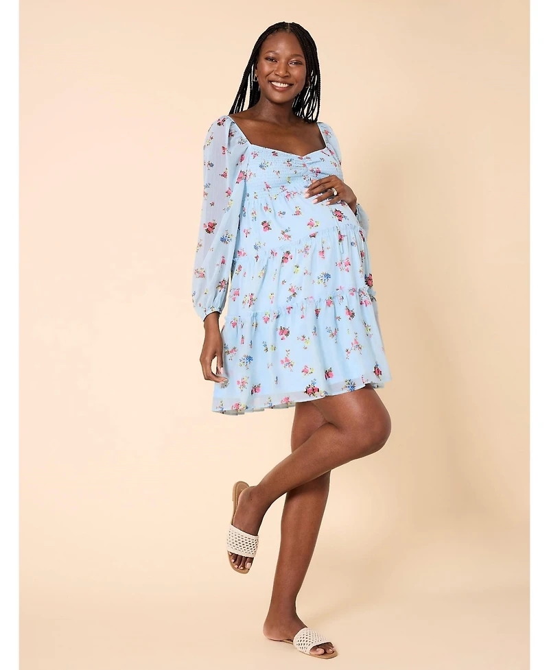 Motherhood Maternity Long Sleeve Front Tie Tiered Mini Dress