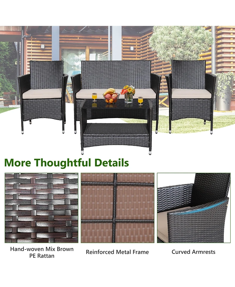 Gymax Piece Patio Rattan Conversation Set Outdoor Wicker Sofa Set w/ Coffee Table Cushions
