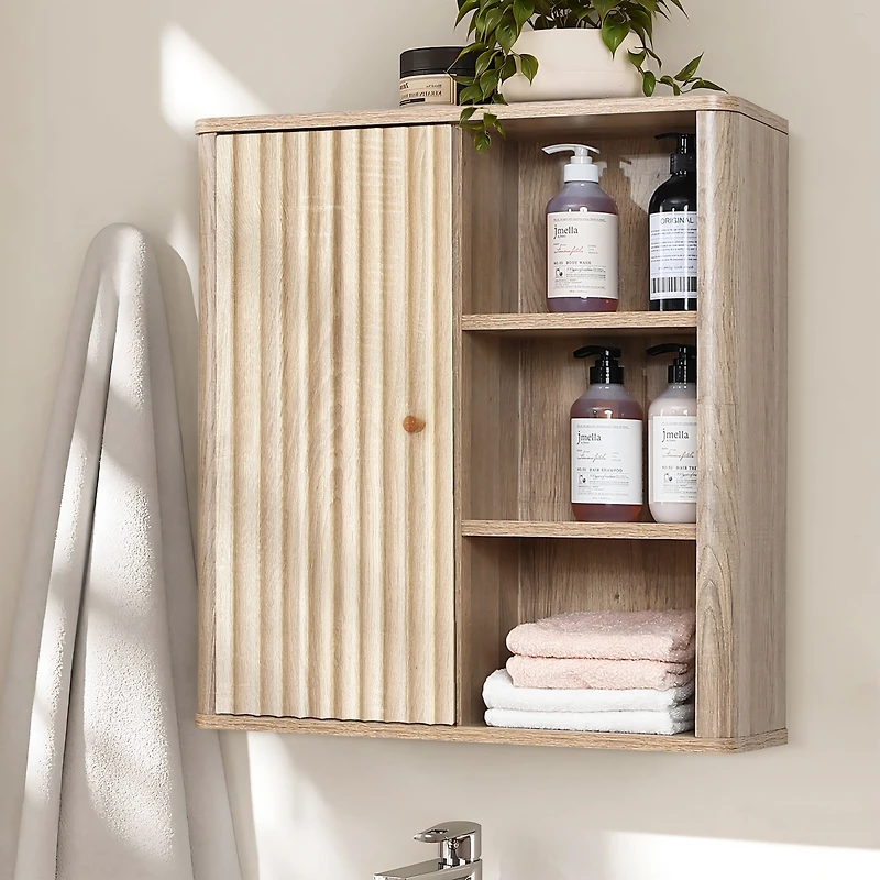 LuxenHome Natural Finish Wave-Patterned Manufactured Wood 1-Door Bathroom Wall Cabinet
