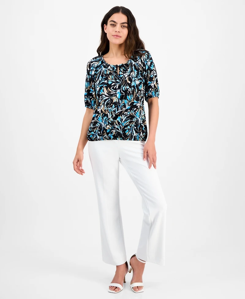 Ak Anne Klein Petite Printed Scoop-Neck Elbow-Sleeve Top
