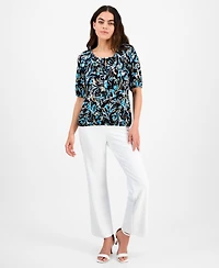 Ak Anne Klein Petite Printed Scoop-Neck Elbow-Sleeve Top