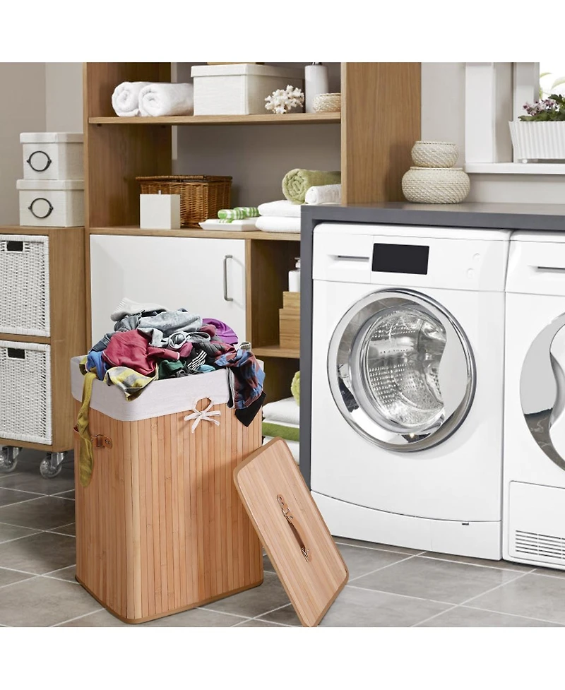 19 Gal Rectangle Laundry Basket Bamboo Clothes Hamper with Handles and Lid