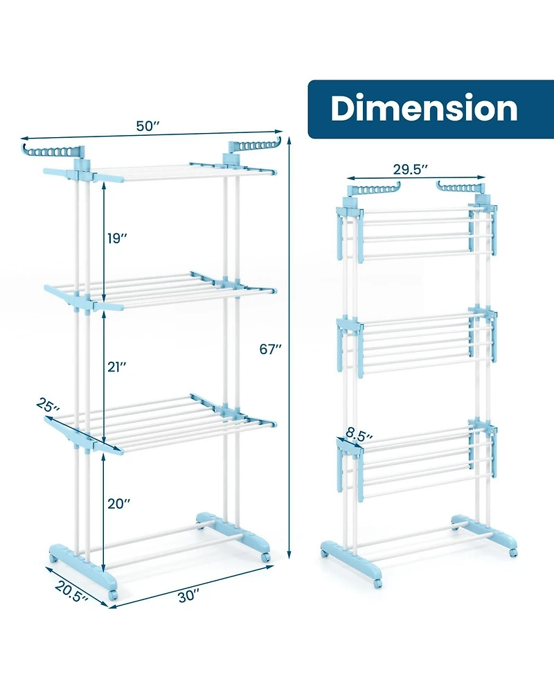 4-tier Clothes Drying Rack with Rotatable Side Wings and Collapsible Shelves