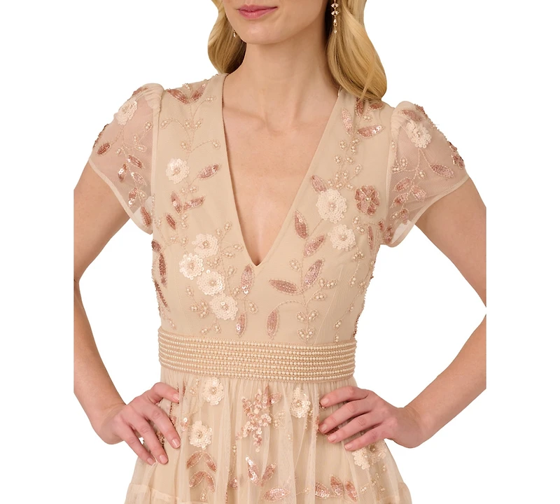 Adrianna Papell Women's V-Neck Beaded Mesh Minidress