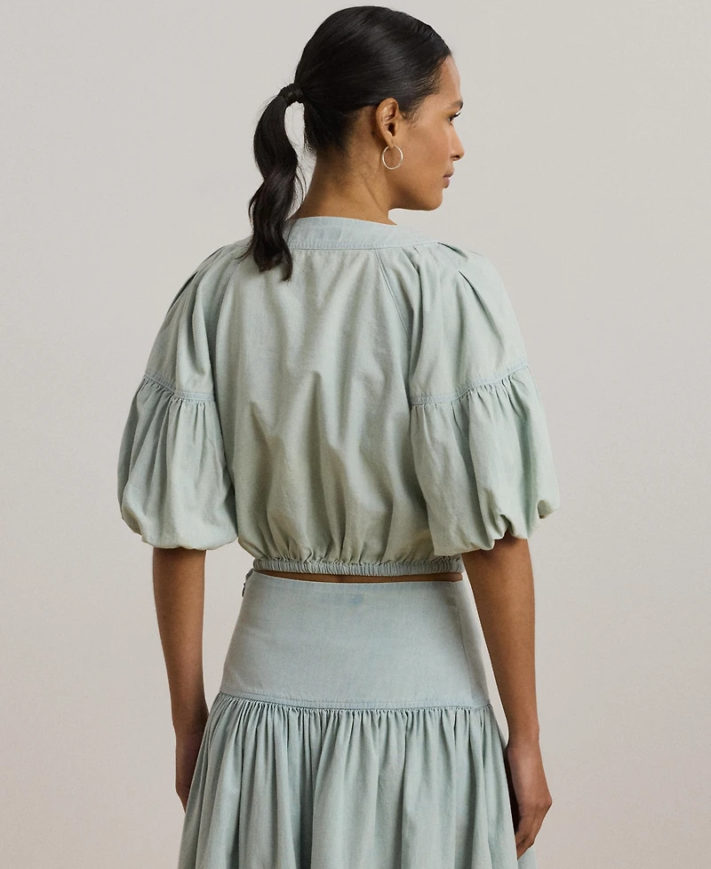 Lauren Ralph Women's Chambray Cropped Bubble-Sleeve Blouse