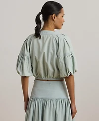 Lauren Ralph Women's Chambray Cropped Bubble-Sleeve Blouse