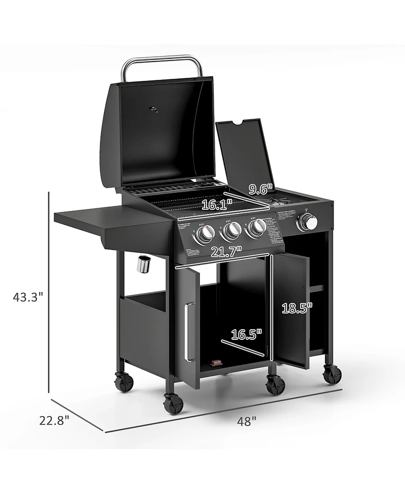 Outsunny 3 Burner Gas Grill with Side Burner and Shelves, Propane Bbq Grill