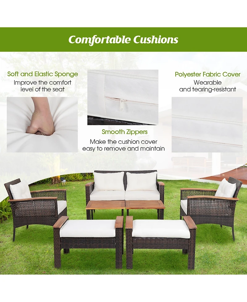 Gymax 7 Piece Outdoor Wicker Conversation Set Patio Rattan Sofa Set w/ Coffee Tables Cushions