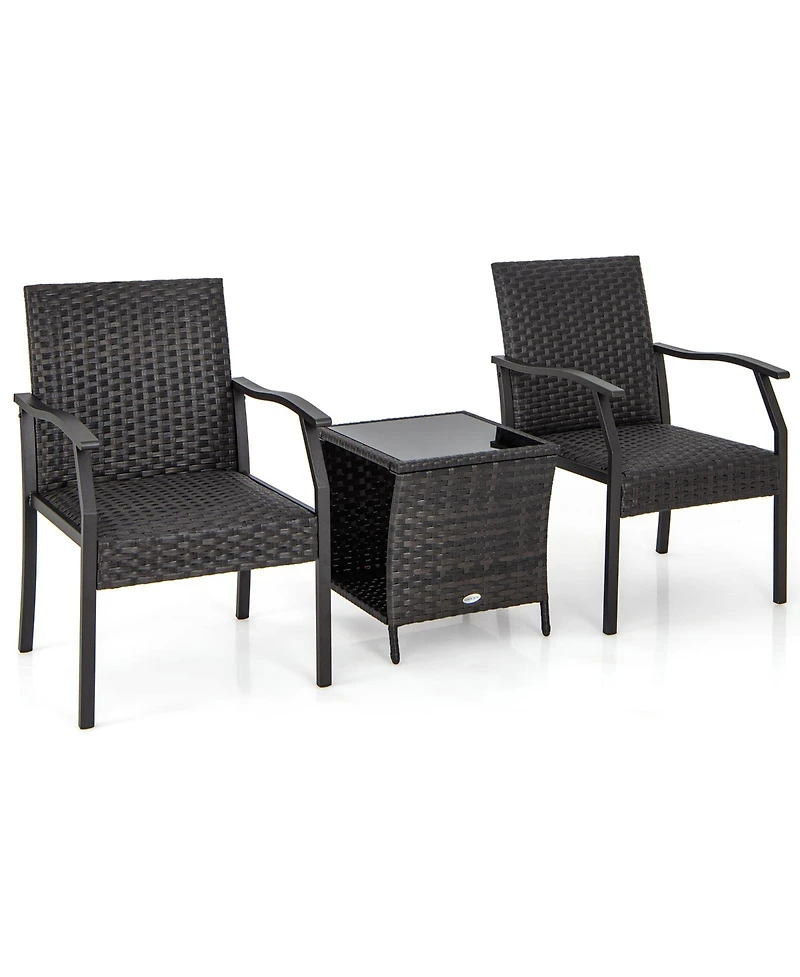 Gymax 3 Piece Patio Weather Resistant Conversation Set Wicker Chair w/ Quick Dry Foam Tempered Glass Table