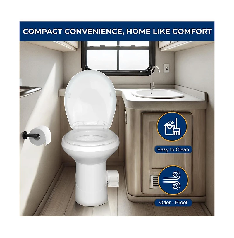 SereneLife Rv Plastic Bowl Gravity Flush Toilet with Hose Connector, Hand Sprayer, and Installation Kits