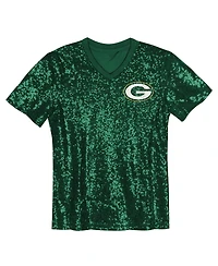 Outerstuff Big Girls Green Bay Packers Wordmark Sequin V-Neck Top