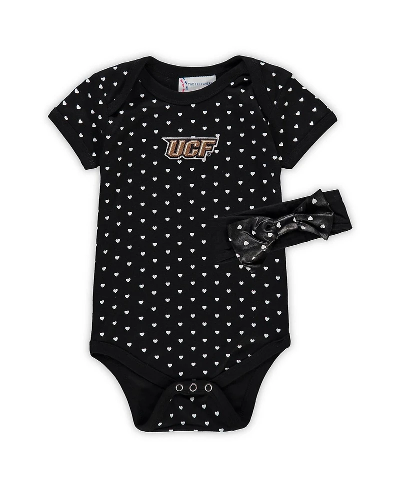 Two Feet Ahead Girls Baby Boys and Girls Black Ucf Knights Hearts Bodysuit and Headband