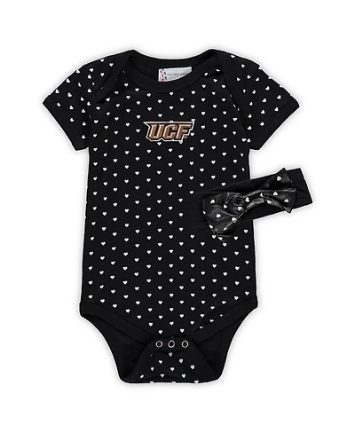 Two Feet Ahead Girls Baby Boys and Girls Black Ucf Knights Hearts Bodysuit and Headband