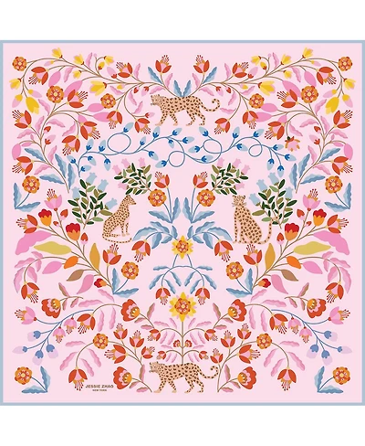 Jessie Zhao New York Double Sided Wool Silk Scarf Of Pink Blossom Jungle