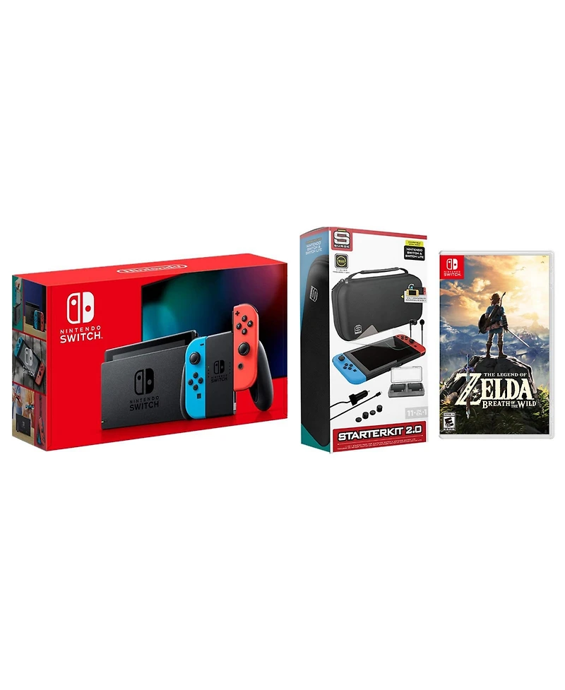 Nintendo Switch 32GB Console Neon Red/Blue Joy-Con Bundle with Surge 11-In-1 Accessory Starter Pack and The Legend of Zelda: Breath of the Wild