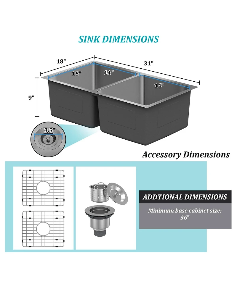 31-Inch Brushed Stainless Steel Sink Under The Table 9-Inch Deep 50/50 Double Grooves With Drain Grid And Drainer