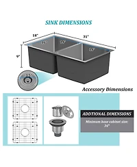 31-Inch Brushed Stainless Steel Sink Under The Table 9-Inch Deep 50/50 Double Grooves With Drain Grid And Drainer