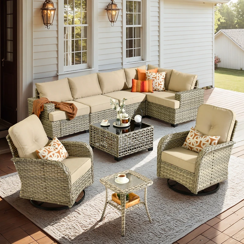 Xizzi 9 Pieces Outdoor Patio Furniture Set,Rattan Sectional Sofa Couch,Outside Coversation Set with Extra Deep Swivel Chairs and Solar Coffee Table fo