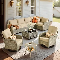 Xizzi 9 Pieces Outdoor Patio Furniture Set,Rattan Sectional Sofa Couch,Outside Coversation Set with Extra Deep Swivel Chairs and Solar Coffee Table fo