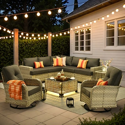 Xizzi 9 Pieces Outdoor Patio Furniture Set,Rattan Sectional Sofa Couch,Outside Coversation Set with Extra Deep Swivel Chairs and Solar Coffee Table fo