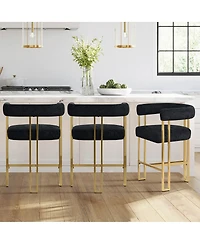 Set of 3 Counter Height Bar Stools, Chenille Upholstered Chairs with Gold Metal Legs-Maison Boucle