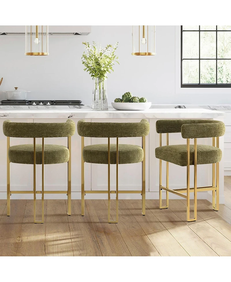 Set of 3 Counter Height Stools, Chenille Upholstered Chairs with Gold Metal Legs-Maison Boucle