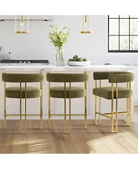 Set of 3 Counter Height Stools, Chenille Upholstered Chairs with Gold Metal Legs-Maison Boucle
