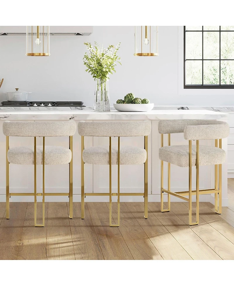 Set of 3 Counter Height Bar Stools, Chenille Upholstered Chairs with Gold Metal Legs-Maison Boucle