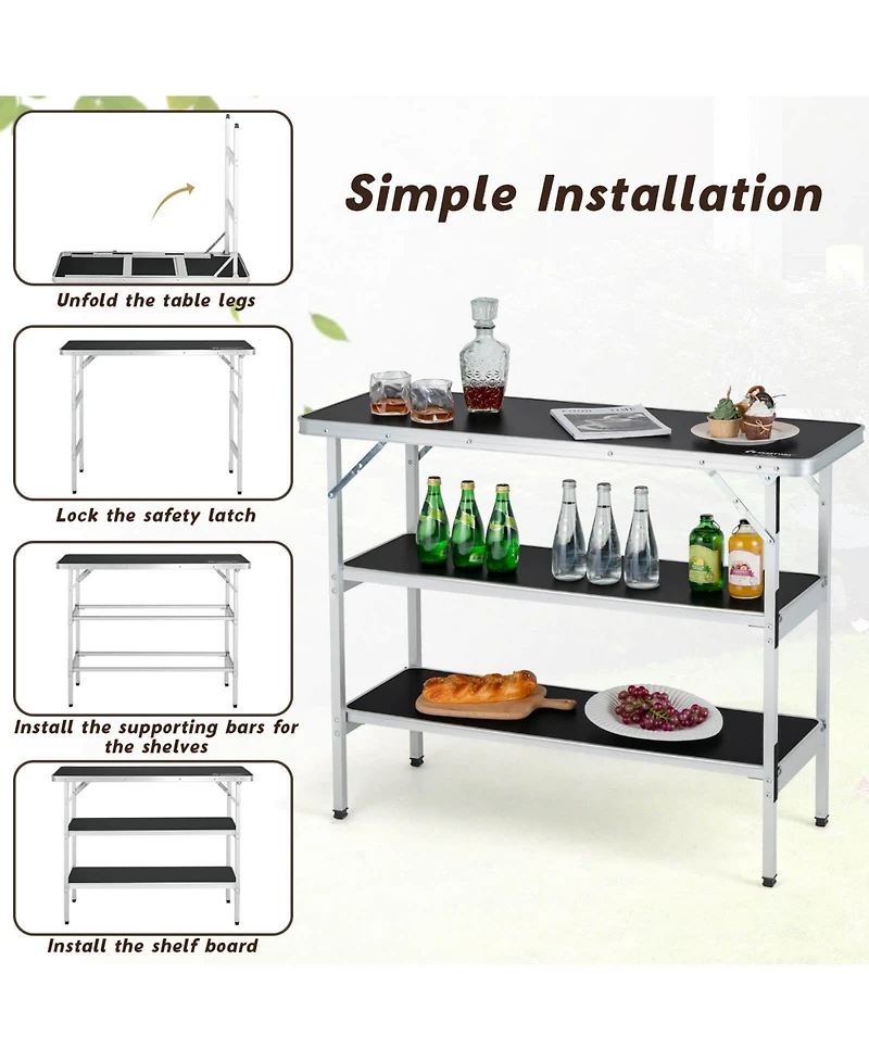 Folding Camping Table with 2-Tier Open Shelves for Outdoor Bbq